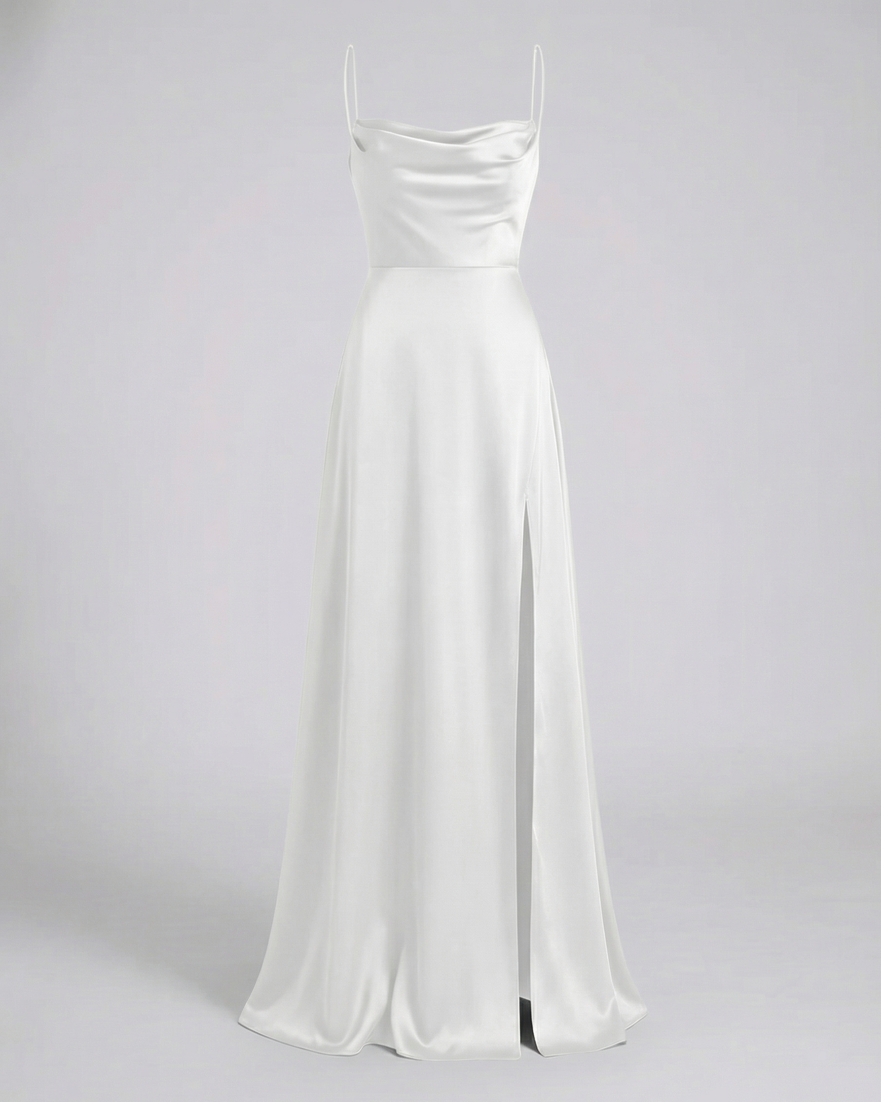 White satin maxi dress with spaghetti straps and long split hem