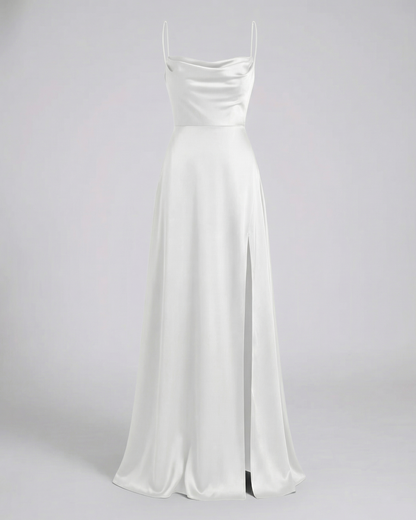 White satin maxi dress with spaghetti straps and long split hem