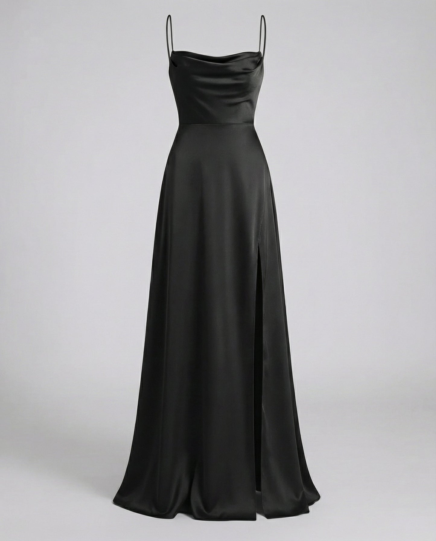 Black maxi dress with spaghetti straps and split front hem