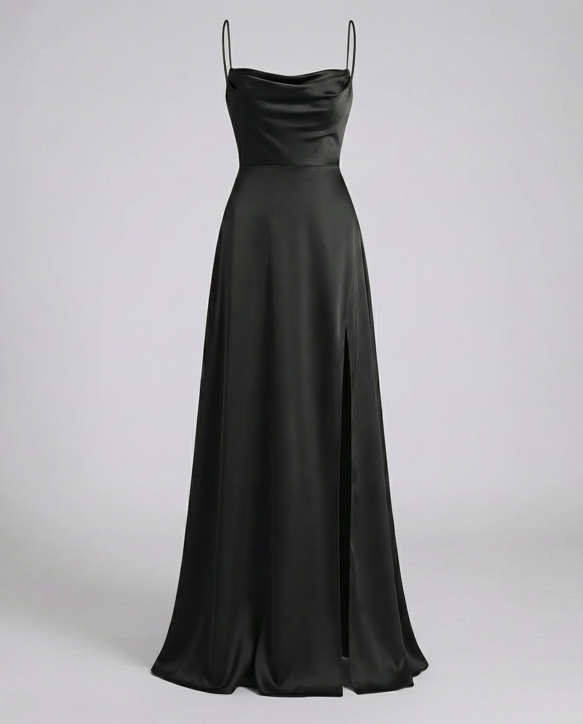 Black maxi dress with spaghetti straps and split front hem