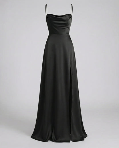 Black maxi dress with spaghetti straps and split front hem