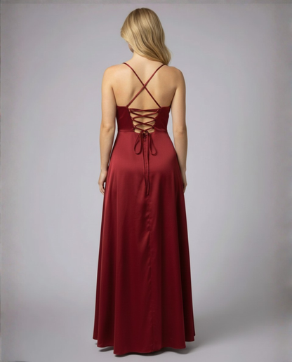Red satin maxi dress with crisscross open back and split hem