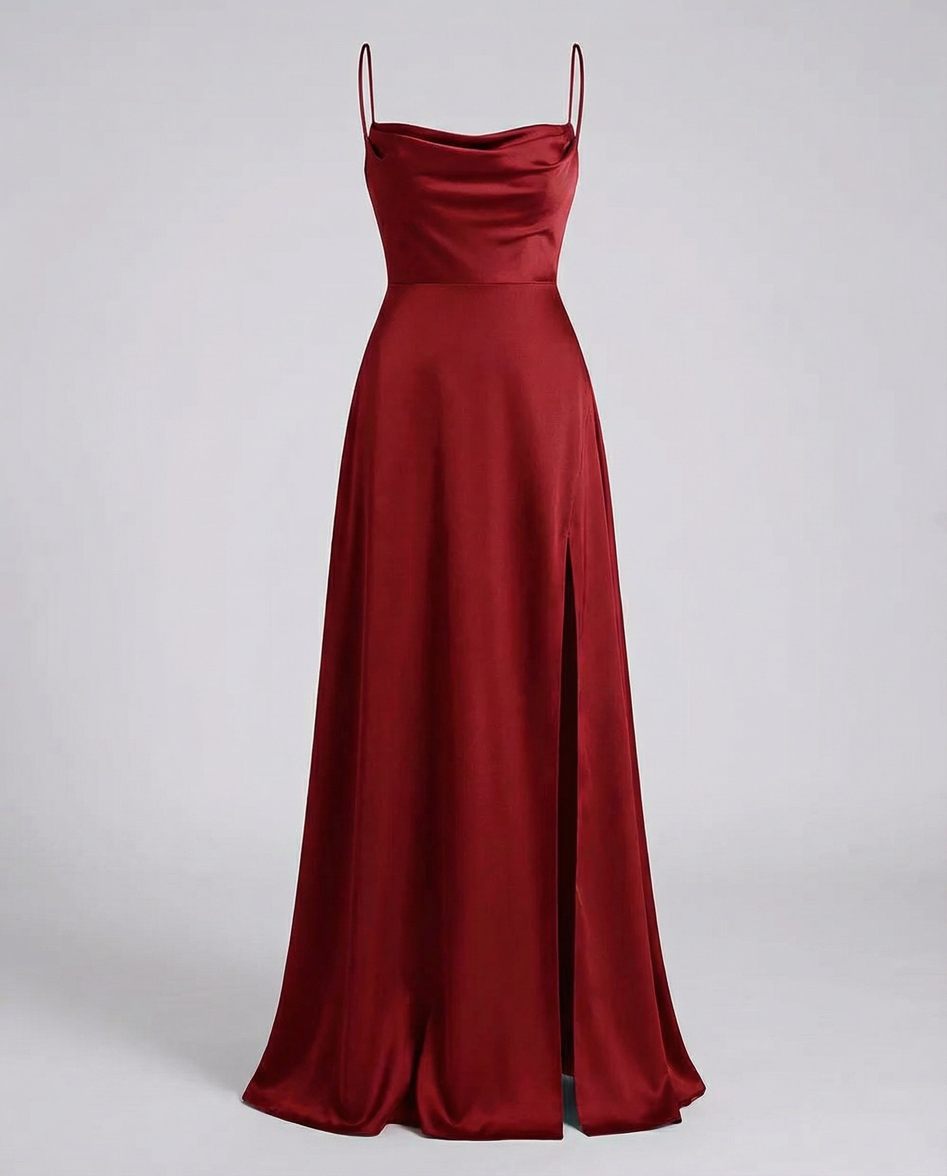 Red satin maxi dress with cowl neckline and long split hem
