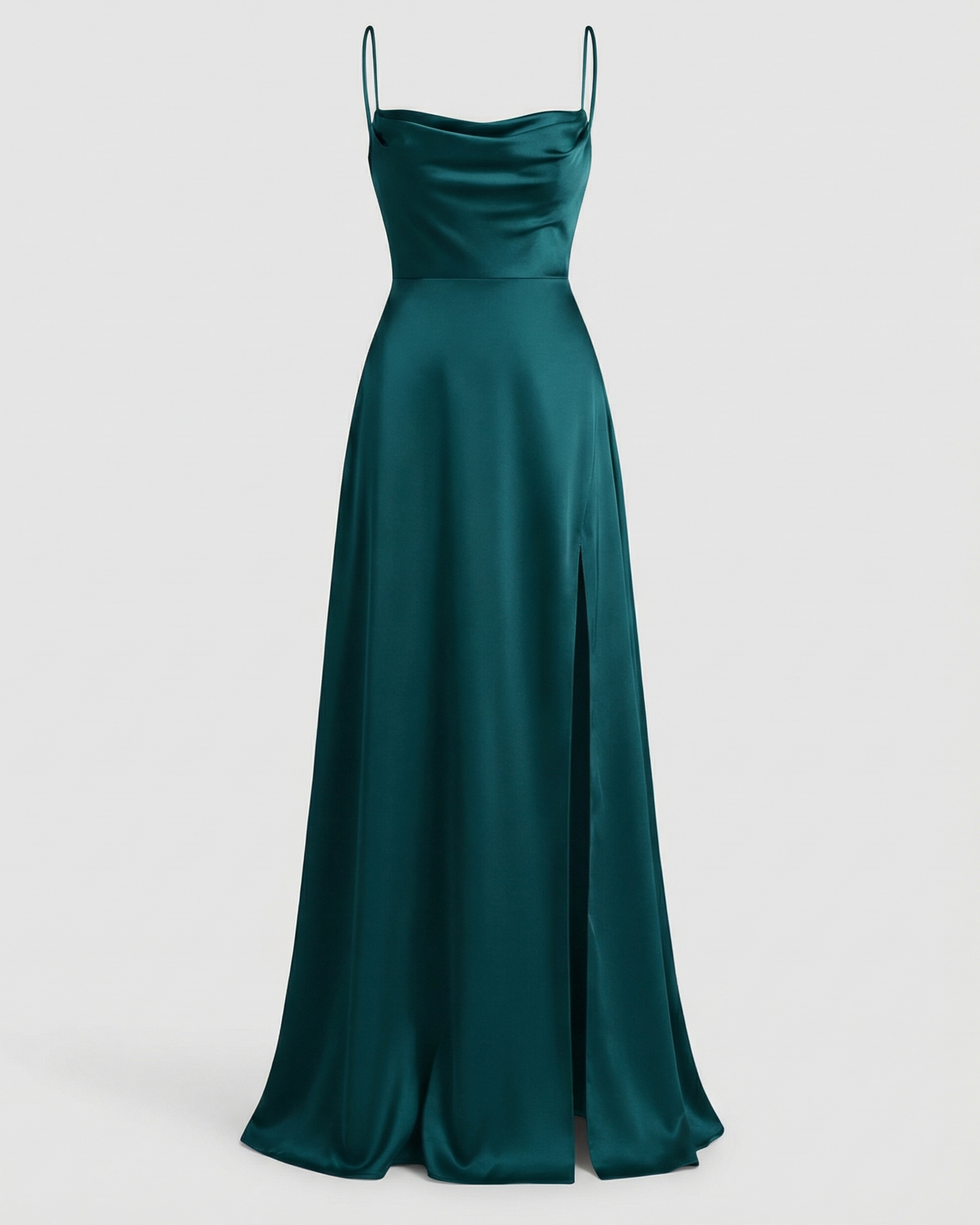 Teal satin maxi dress with spaghetti straps and long split hem
