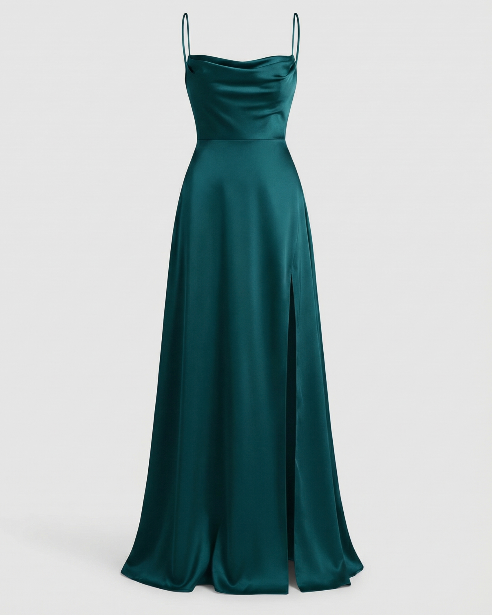 Teal satin maxi dress with spaghetti straps and long split hem