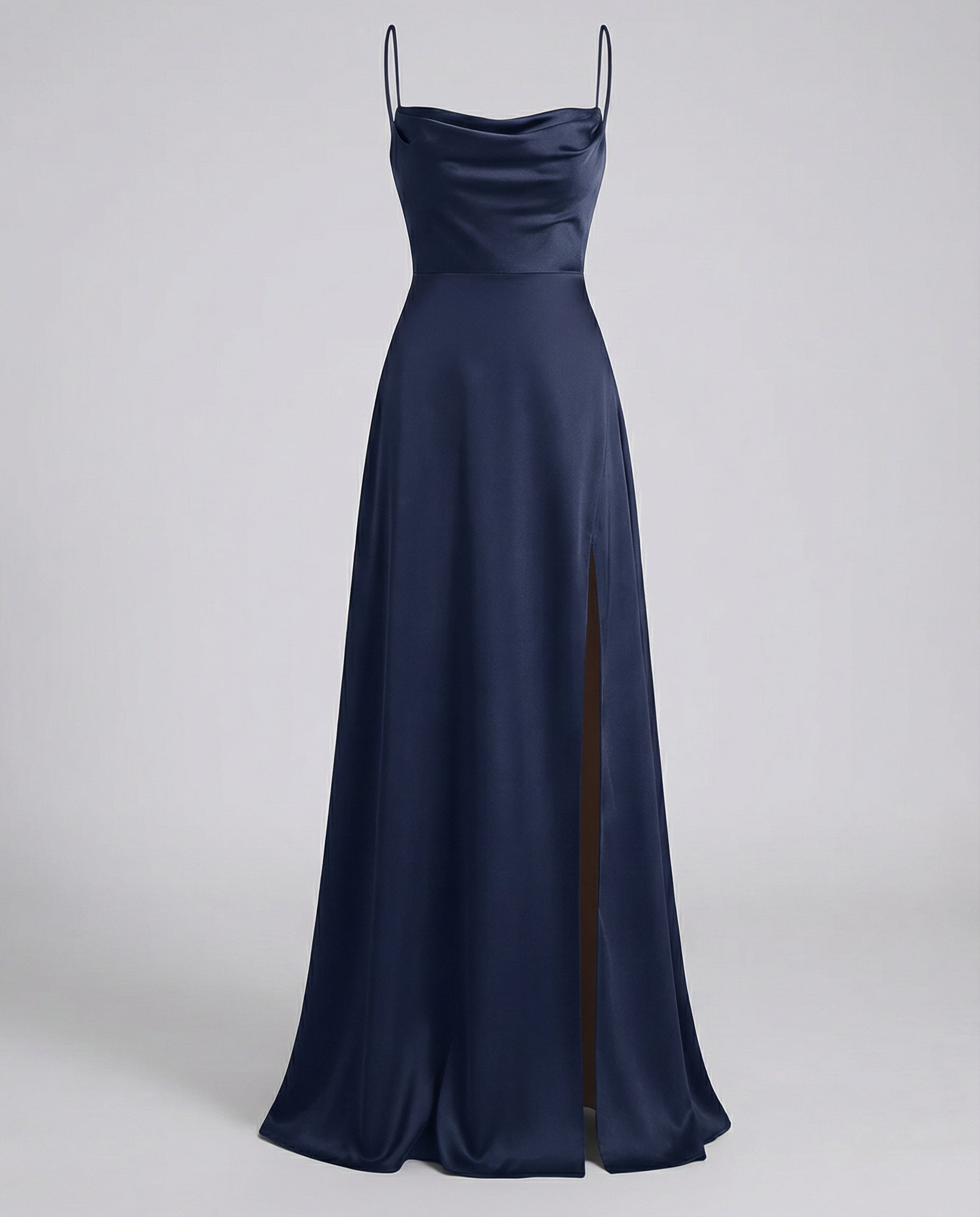 Dark blue satin maxi dress with spaghetti straps and long split hem