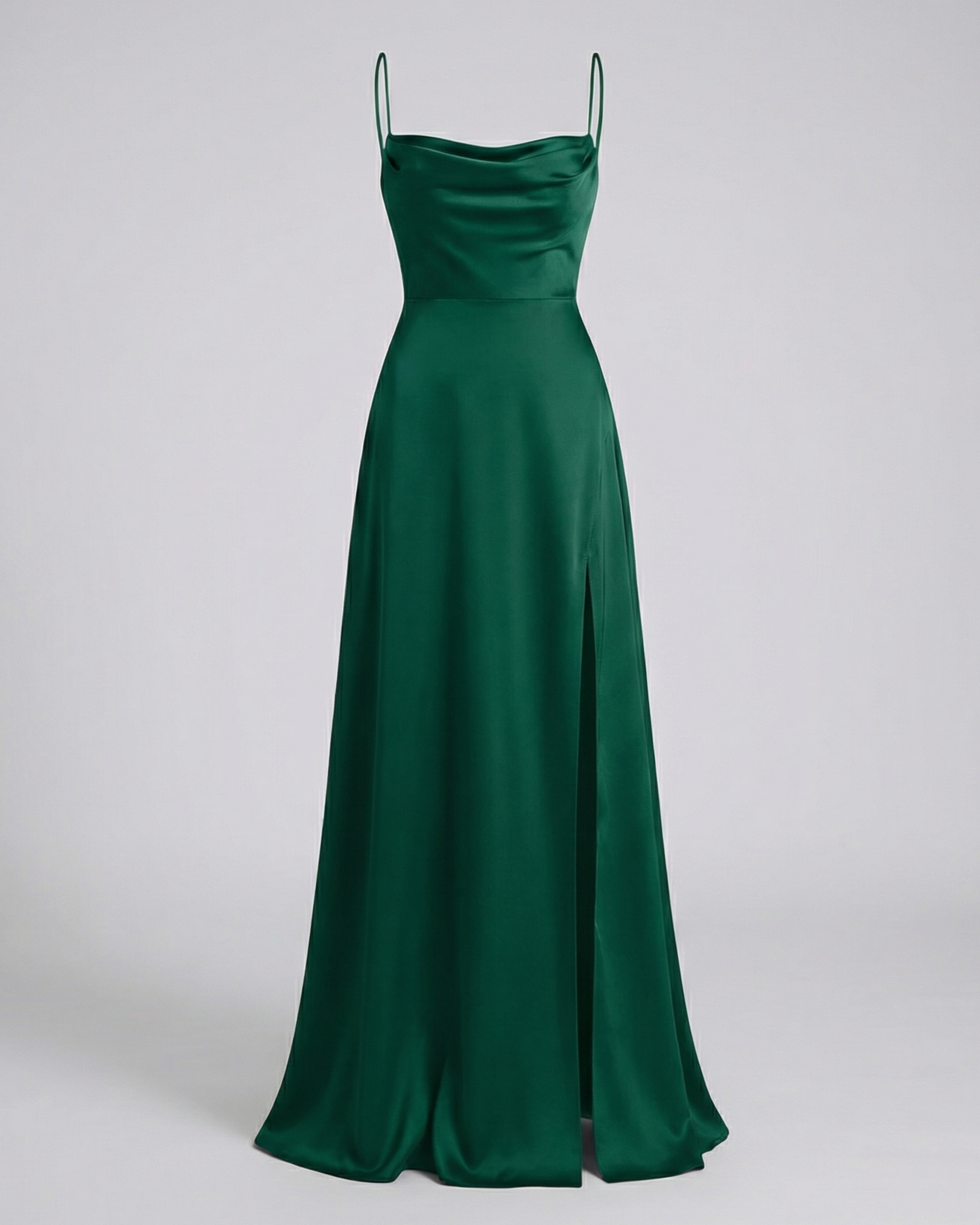 Green satin maxi dress with spaghetti straps and long split hem