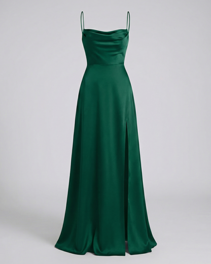 Green satin maxi dress with spaghetti straps and long split hem