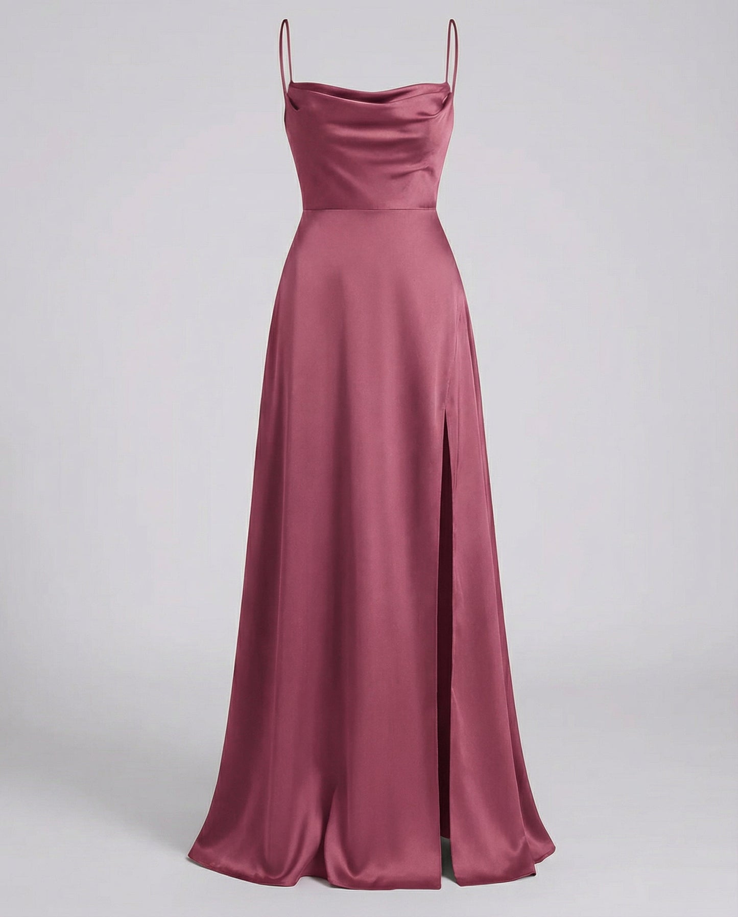 Pink satin maxi dress with spaghetti straps and long split hem