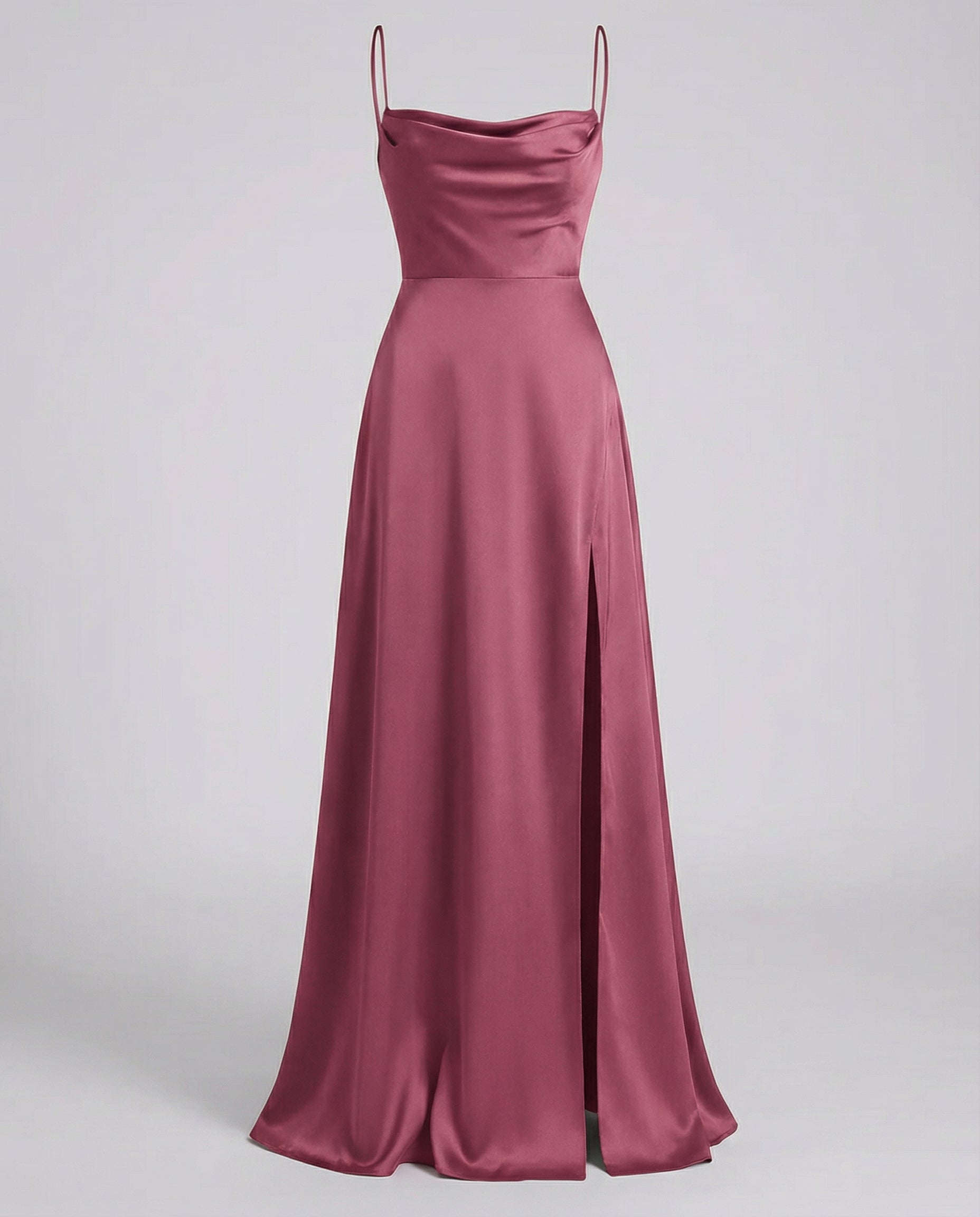 Pink satin maxi dress with spaghetti straps and long split hem