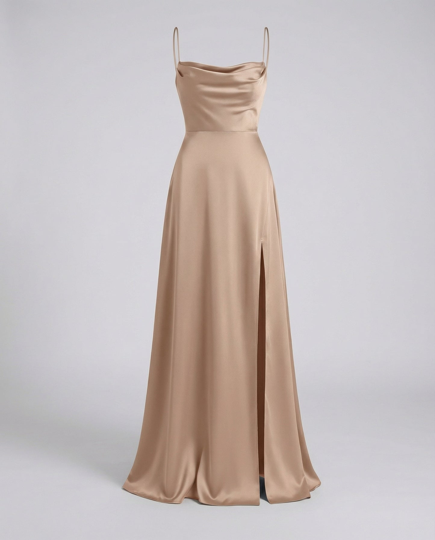 Beige satin maxi dress with spaghetti straps and long split hem