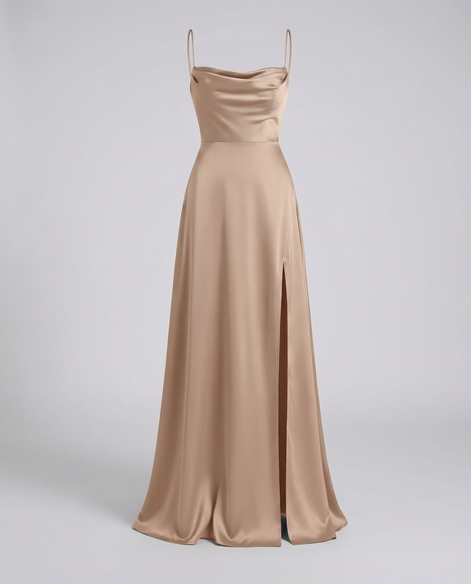 Beige satin maxi dress with spaghetti straps and long split hem
