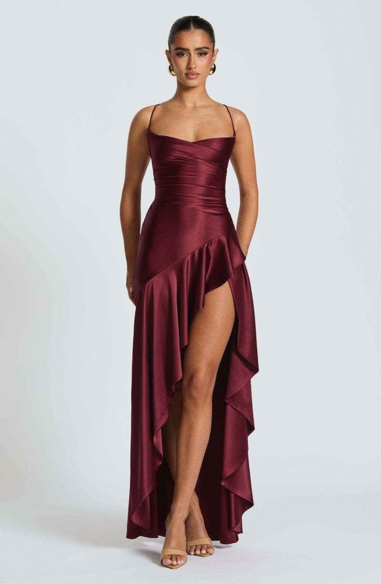 Burgundy ruffle-hem maxi dress with spaghetti straps and side slit