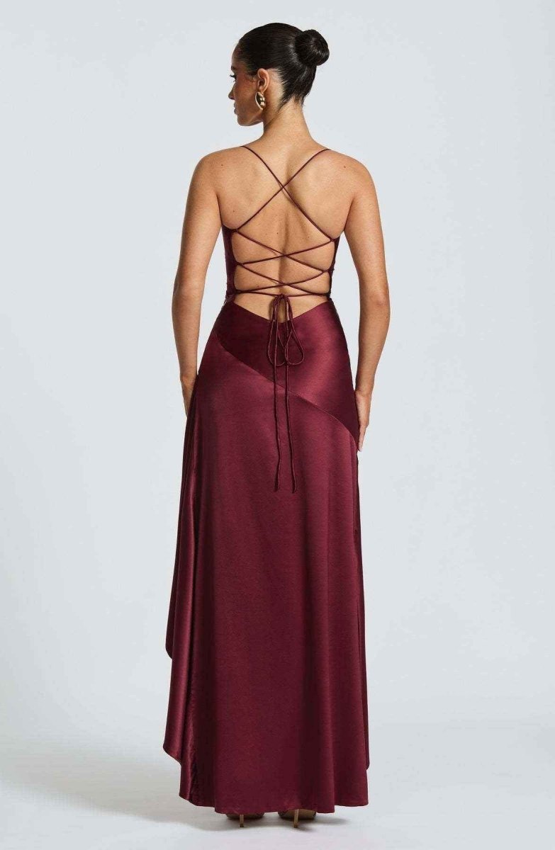 Burgundy strappy maxi dress with back crisscross lace-up and flowing skirt