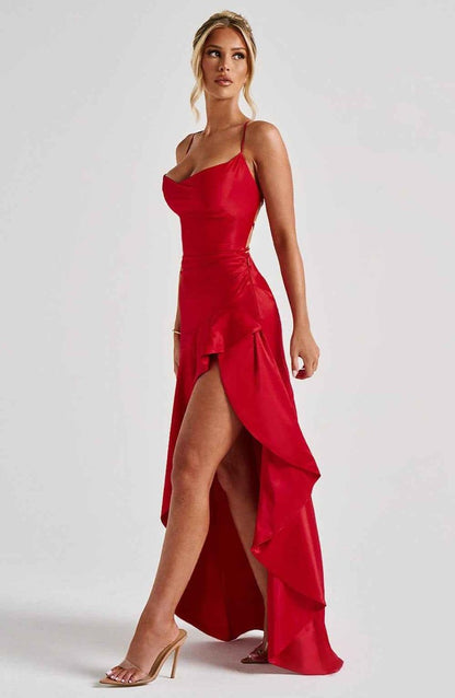 Red ruffle-hem maxi dress with spaghetti straps, fitted waist, and side slit