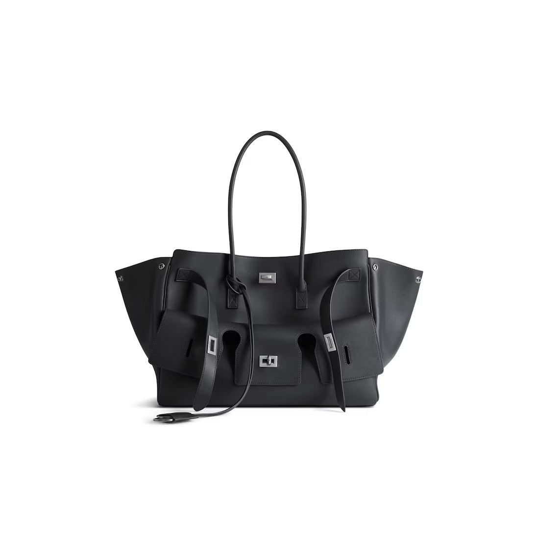Black structured handbag with top handles and gold-tone hardware, front view