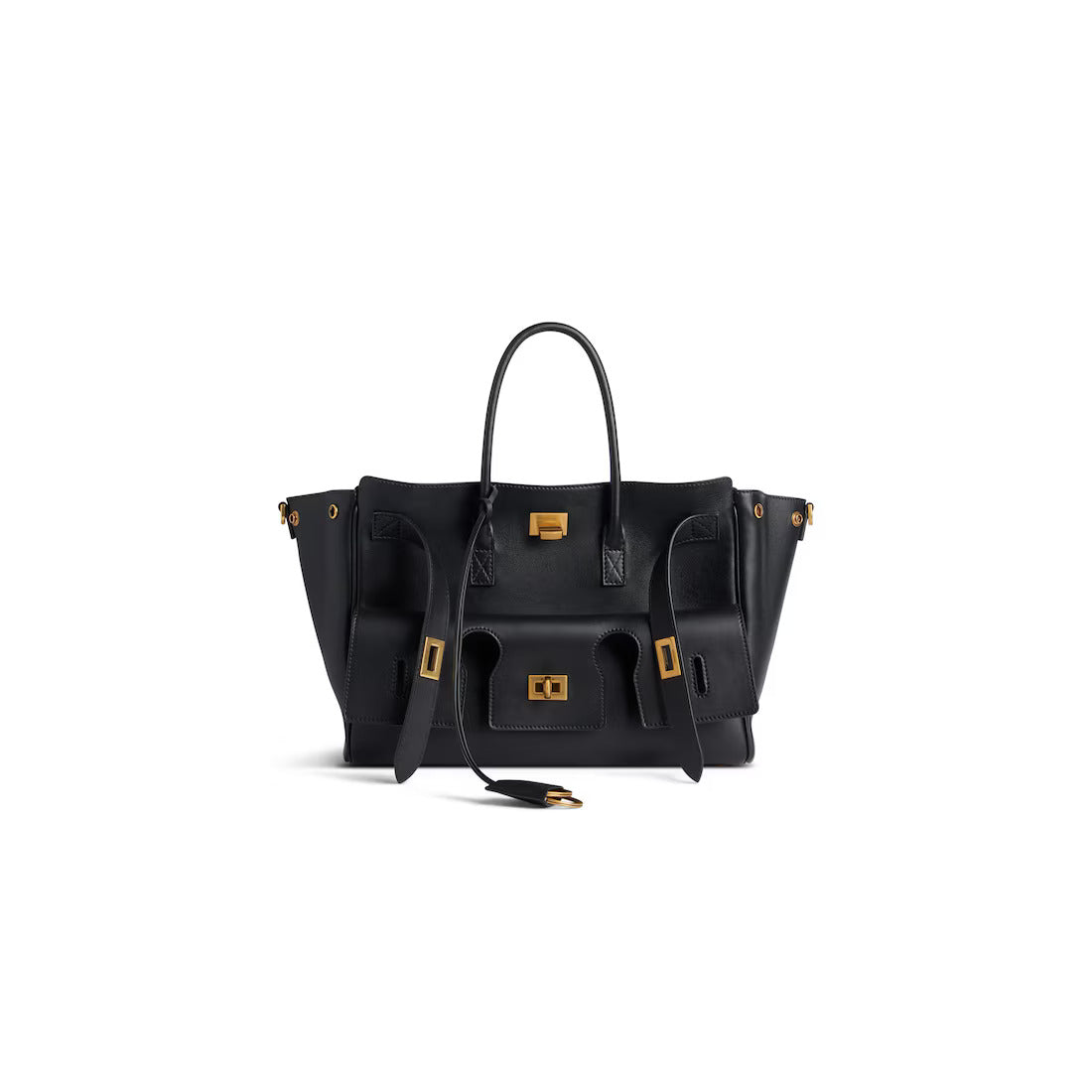Black structured handbag with side pockets and gold-tone hardware, three-quarter view