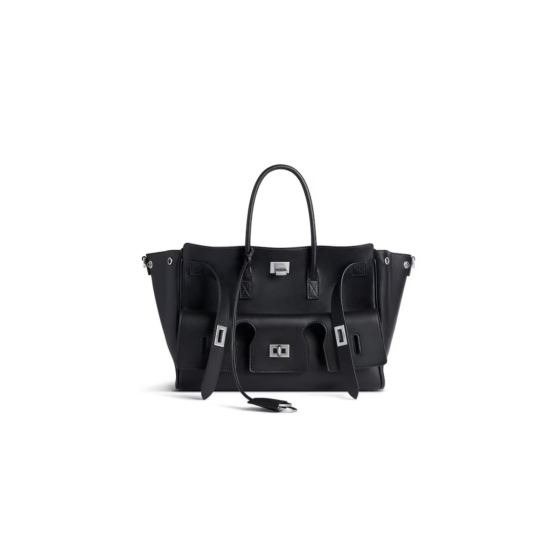 Black structured handbag with top handles, side compartments, and gold-tone hardware