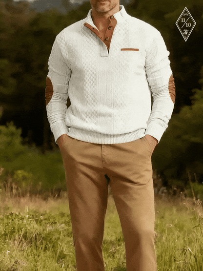 Cable-knit pullover sweatshirt in white with half-button placket and ribbed hem