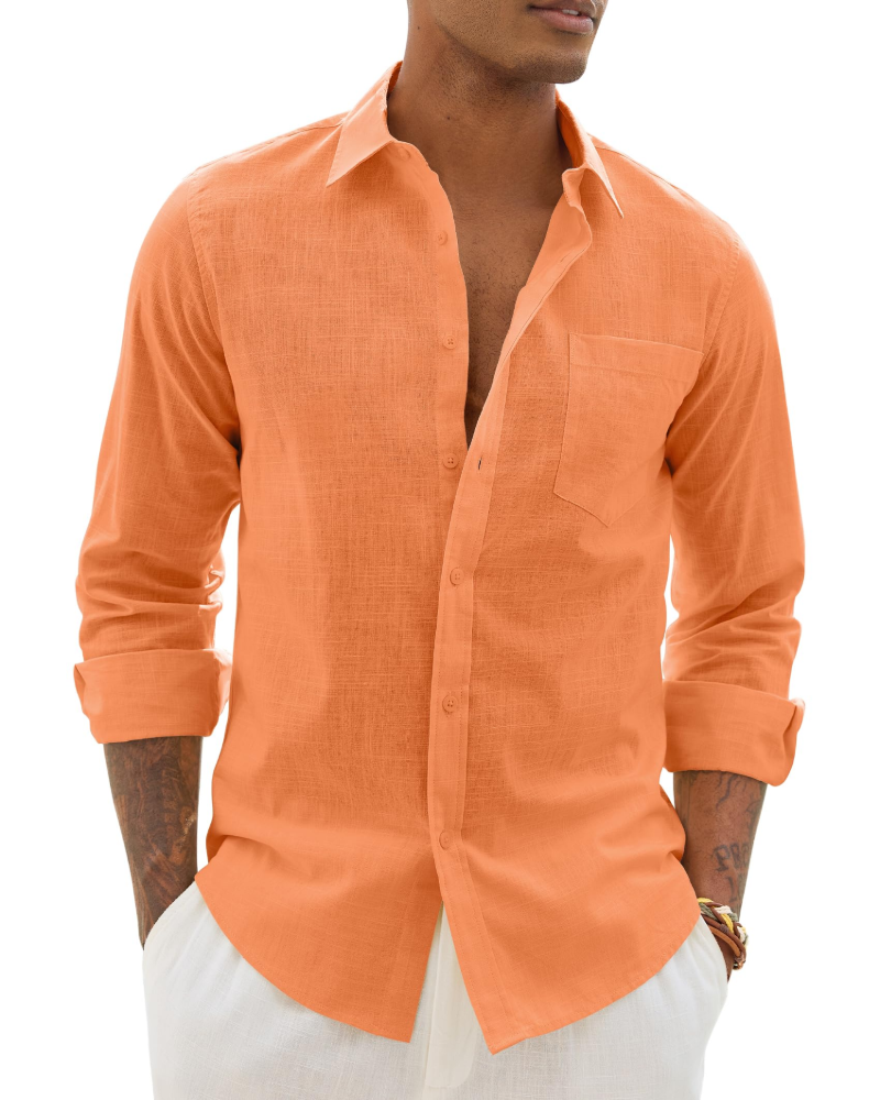 Men's cotton-linen button-up shirt, long sleeves, orange with chest pocket