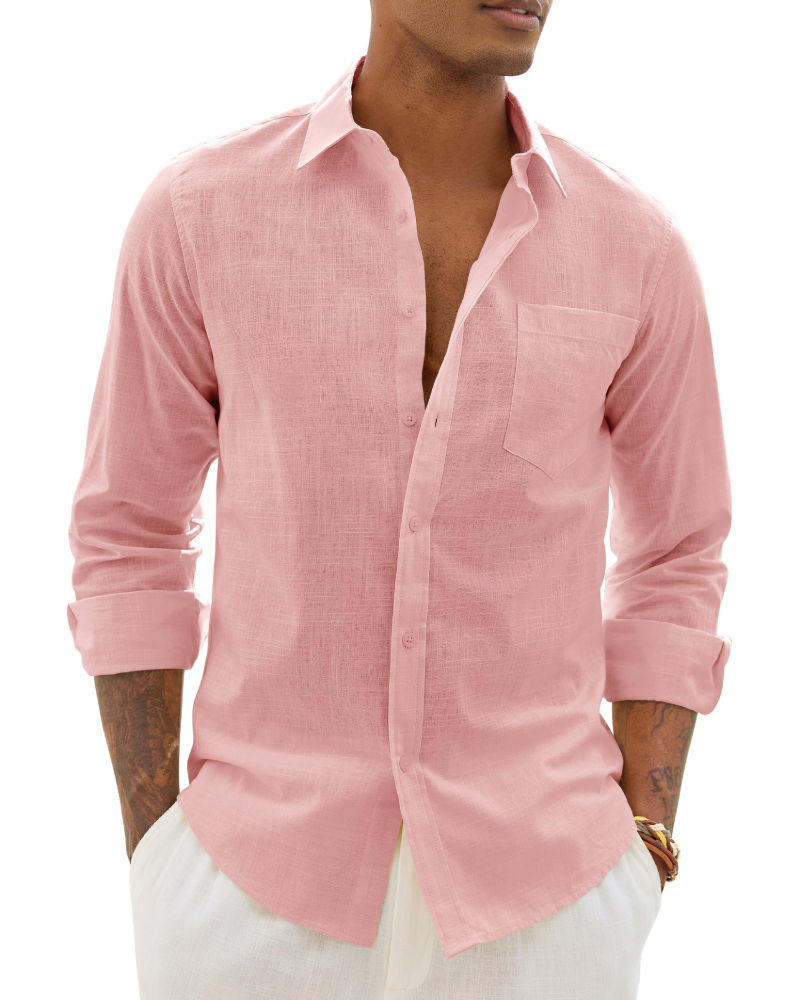 Men's cotton-linen button-up shirt, long sleeves, dusty pink with chest pocket