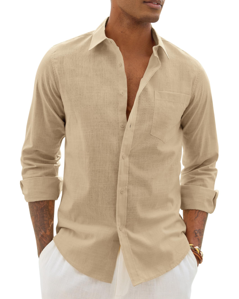 Men's cotton-linen button-up shirt, long sleeves, light tan with chest pocket