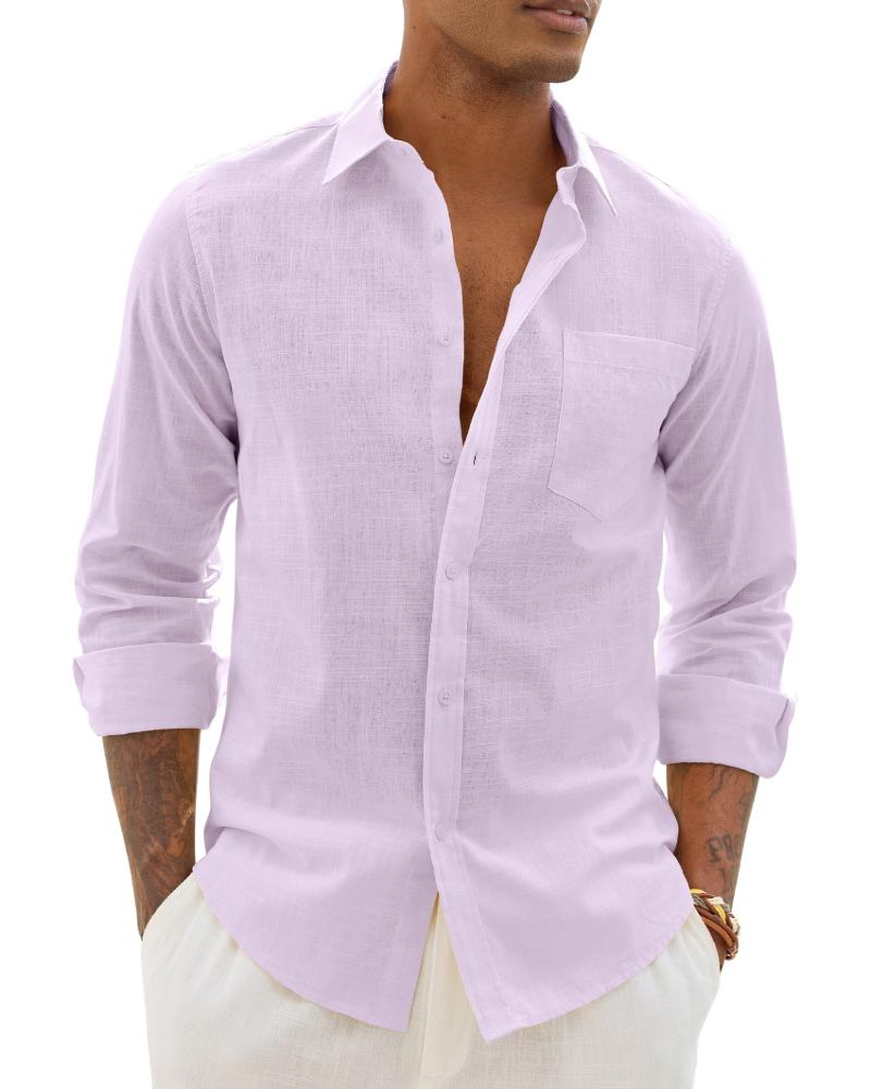 Men's cotton-linen button-up shirt, long sleeves, light purple with chest pocket