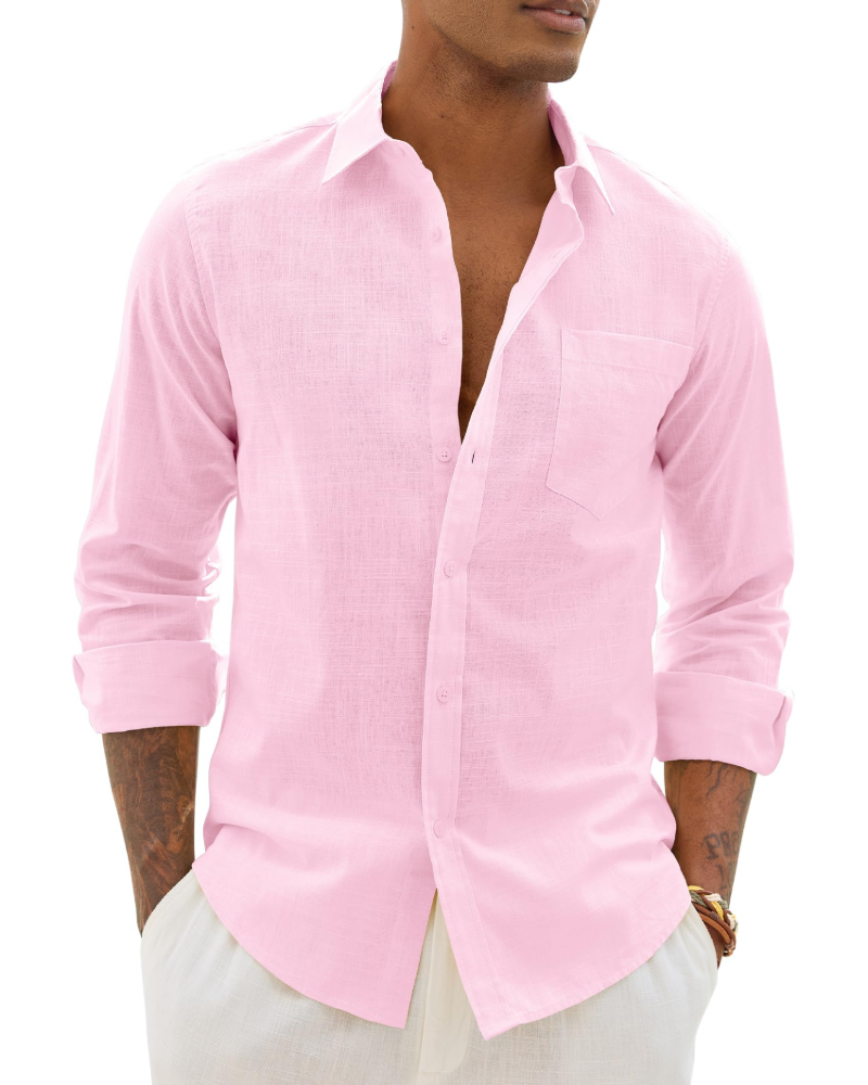 Men's cotton-linen button-up shirt, long sleeves, pink with chest pocket