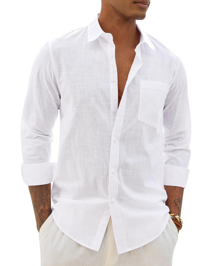 Men's cotton-linen button-up shirt, long sleeves, white with chest pocket