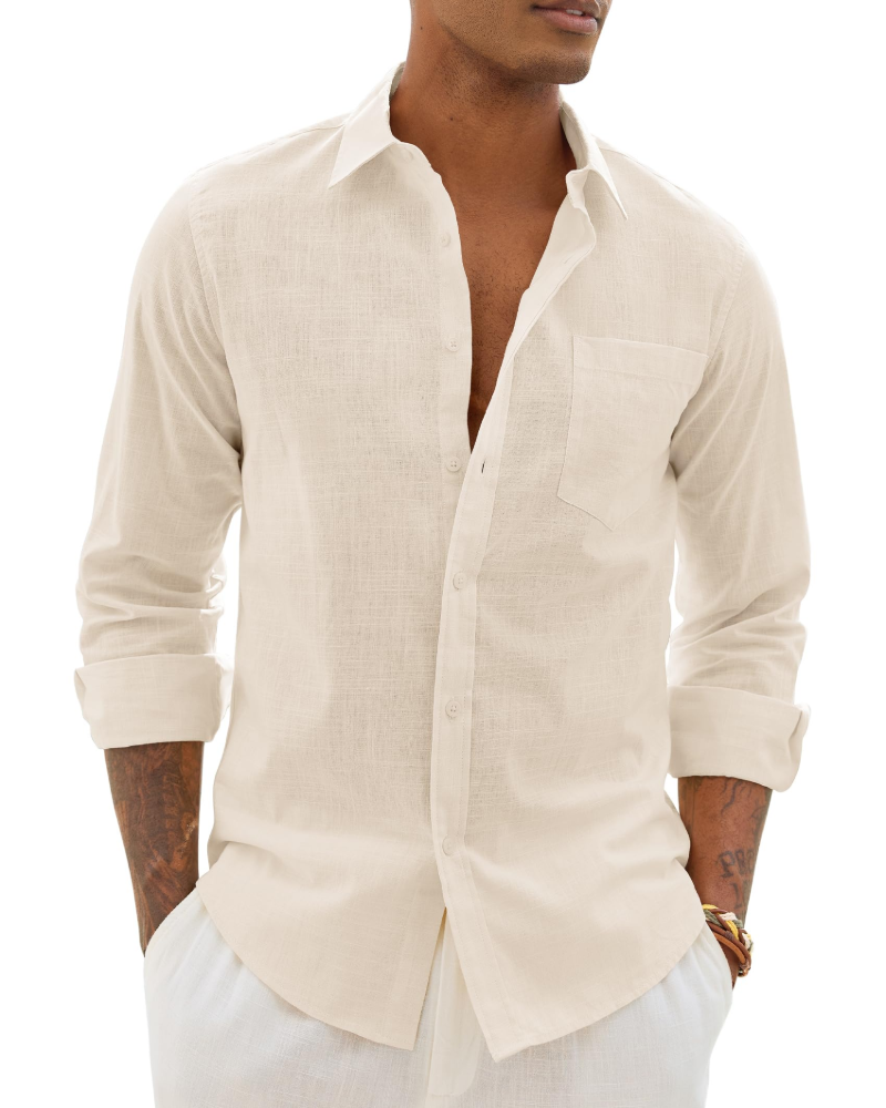 Men's cotton-linen button-up shirt, long sleeves, cream with chest pocket