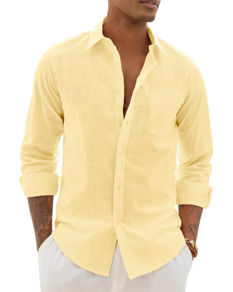 Men's cotton-linen button-up shirt, long sleeves, pale yellow with chest pocket