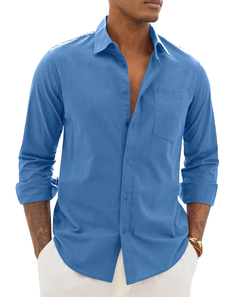 Men's long-sleeve button-up shirt in blue with chest pocket