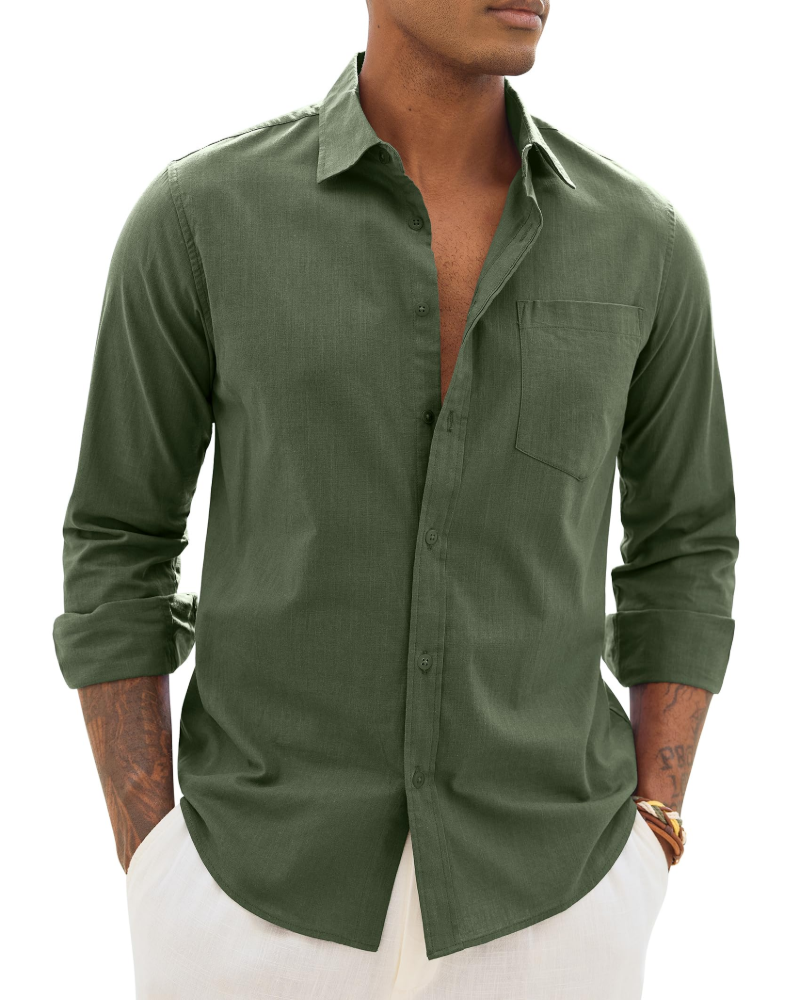 Men's long-sleeve button-up shirt in dark green with chest pocket