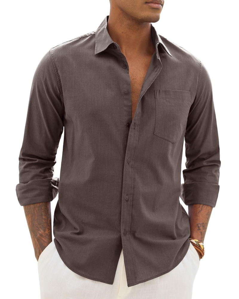 Men's cotton-linen button-up shirt, long sleeves, dark gray with chest pocket