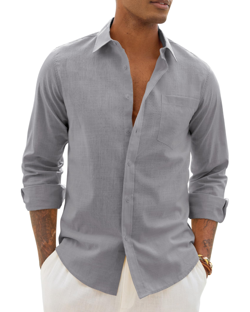 Men's long-sleeve button-up shirt in gray with chest pocket