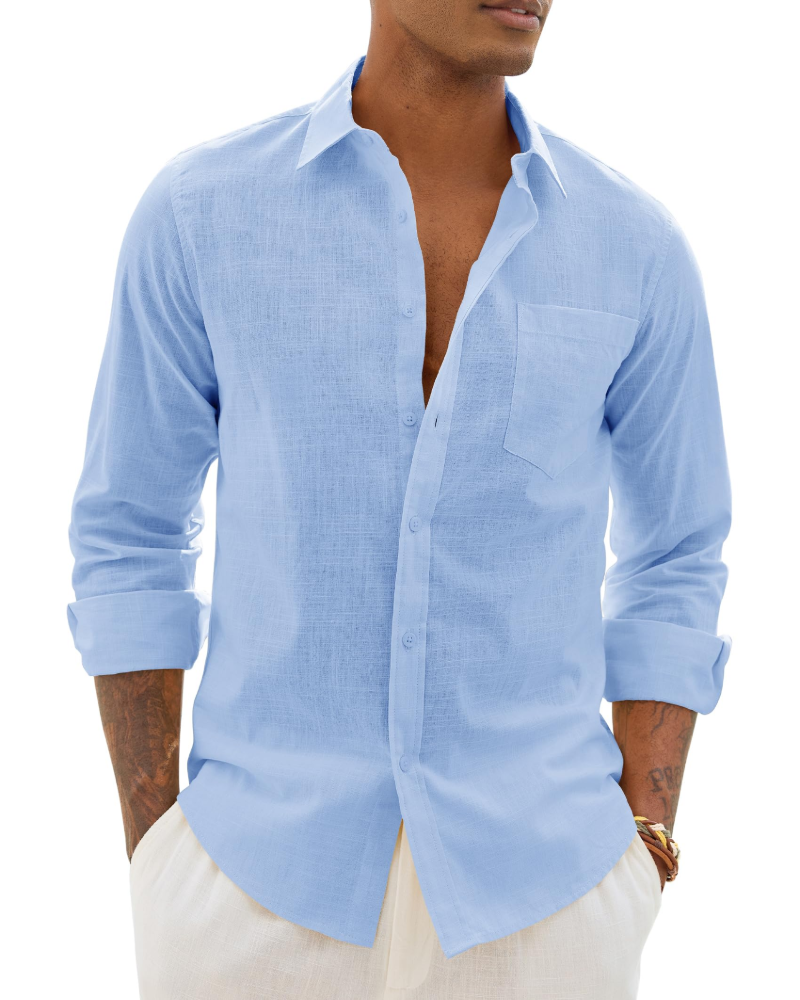 Men's long-sleeve button-up shirt in pale light blue with chest pocket