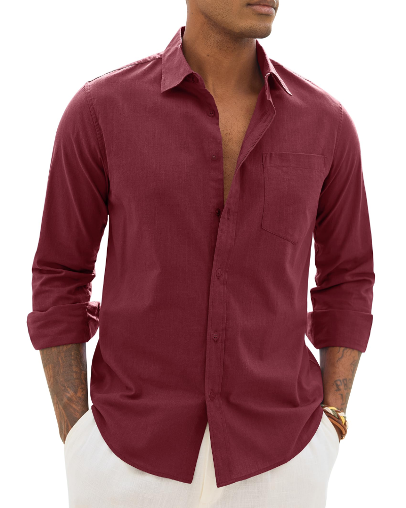 Men's long-sleeve button-up shirt in burgundy with chest pocket