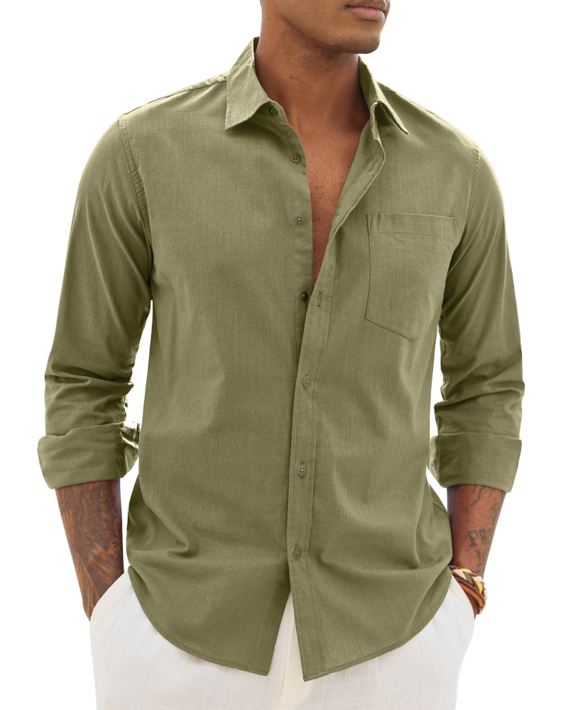 Men's long-sleeve button-up shirt in olive green with chest pocket
