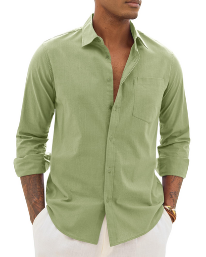 Men's long-sleeve button-up shirt in light olive green with chest pocket