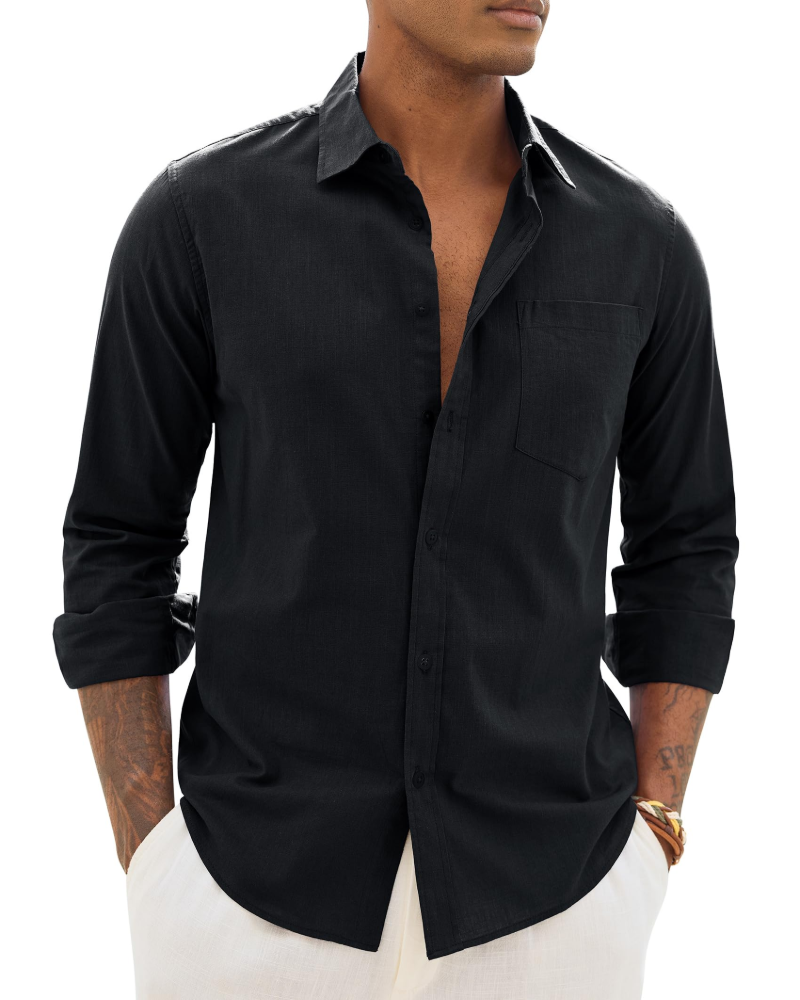 Men's long-sleeve button-up shirt in black with chest pocket