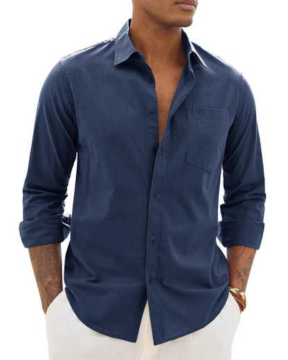 Men's long-sleeve button-up shirt in dark blue with chest pocket