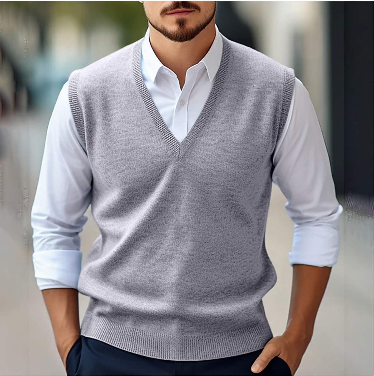 Men's knitted V-neck sleeveless sweater in light gray