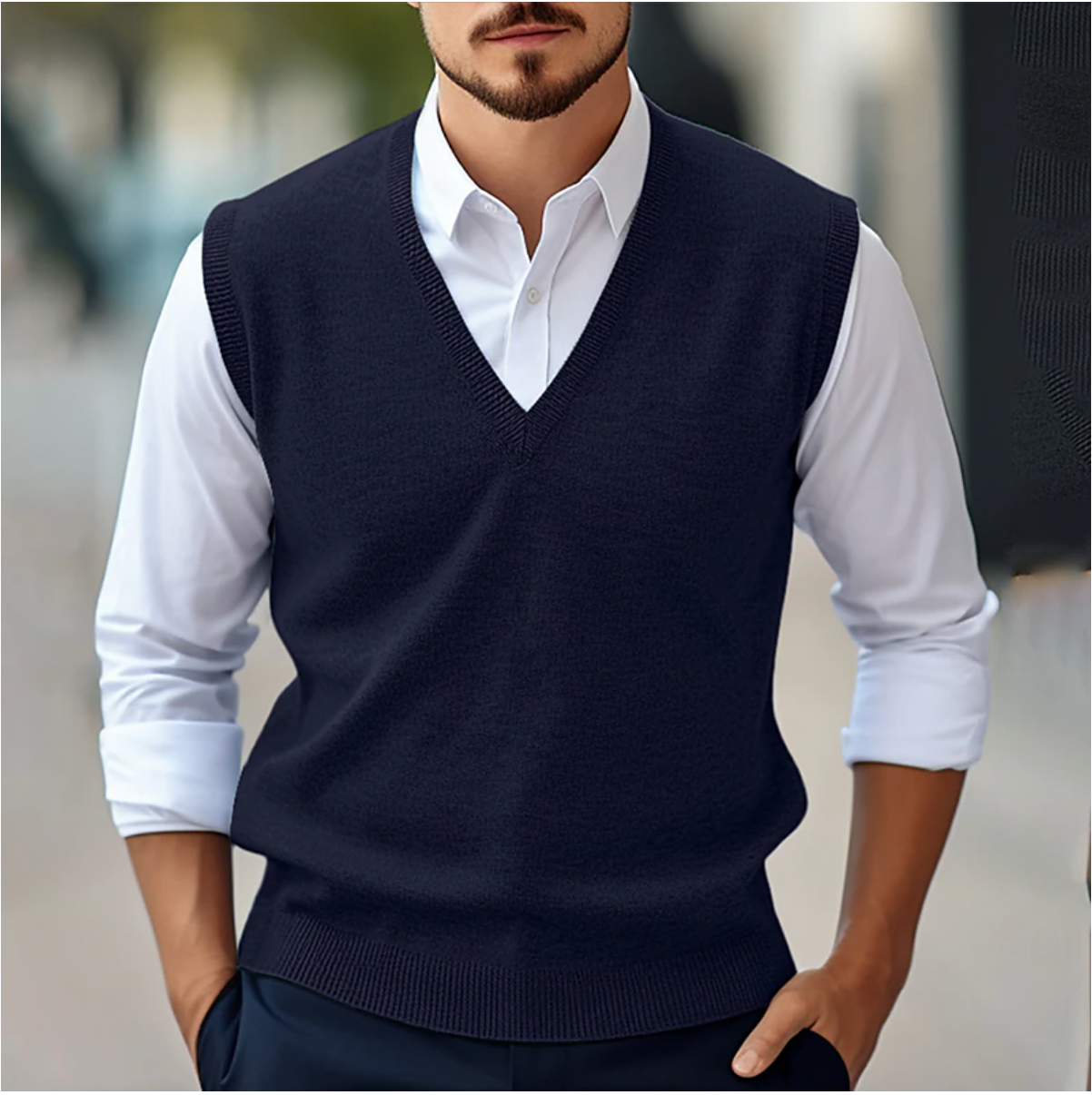 Men's knitted V-neck sleeveless sweater in navy blue