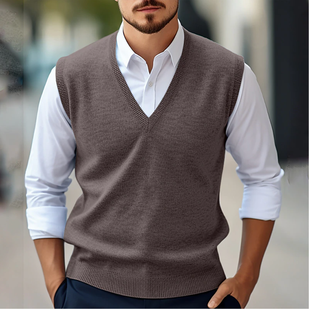 Men's knitted V-neck sleeveless sweater in medium gray