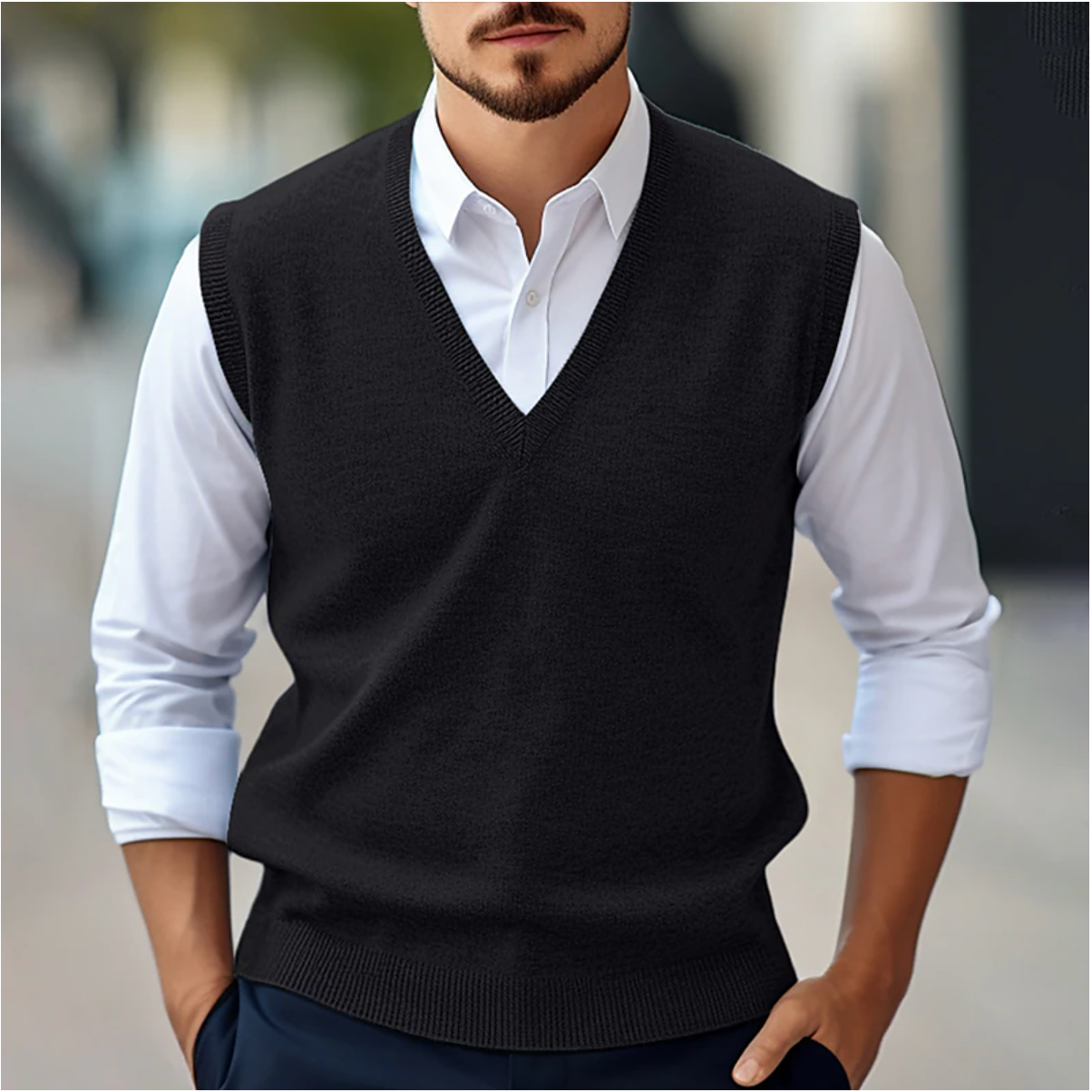 Men's knitted V-neck sleeveless sweater in black