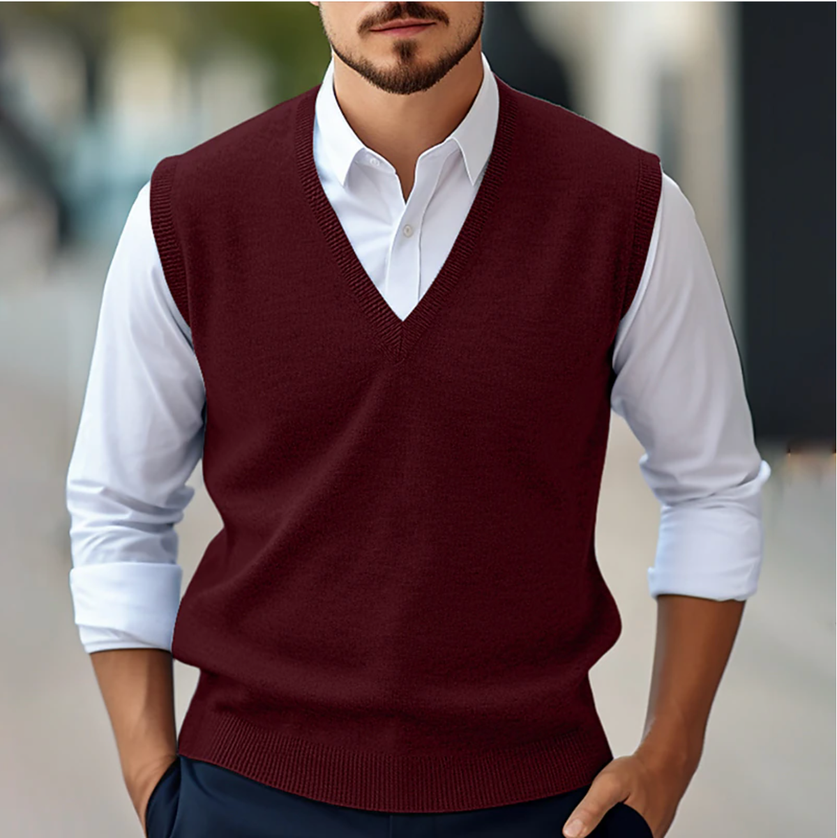 Men's knitted V-neck sleeveless sweater in dark red