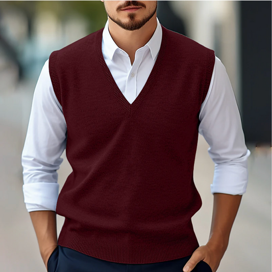 Men's knitted V-neck sleeveless sweater in dark red