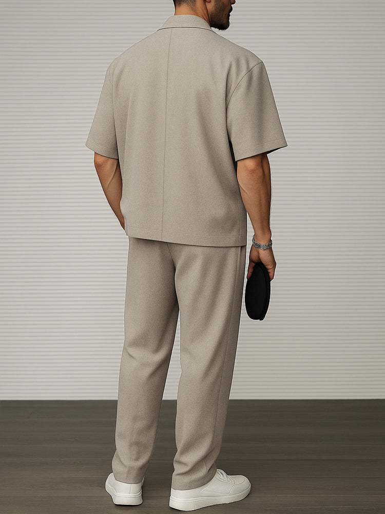 Khaki short-sleeve blazer and matching trousers, back view