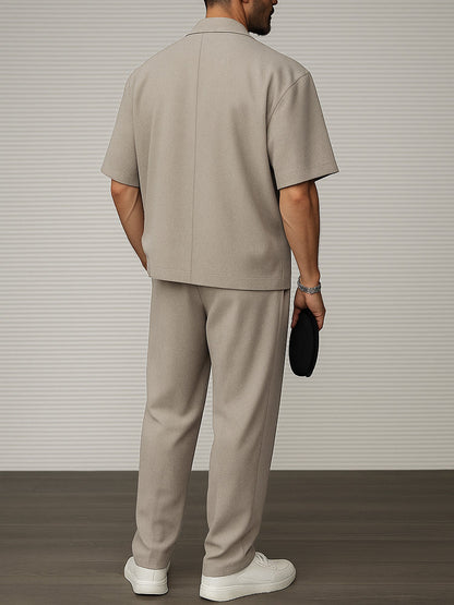 Khaki short-sleeve blazer and matching trousers, back view