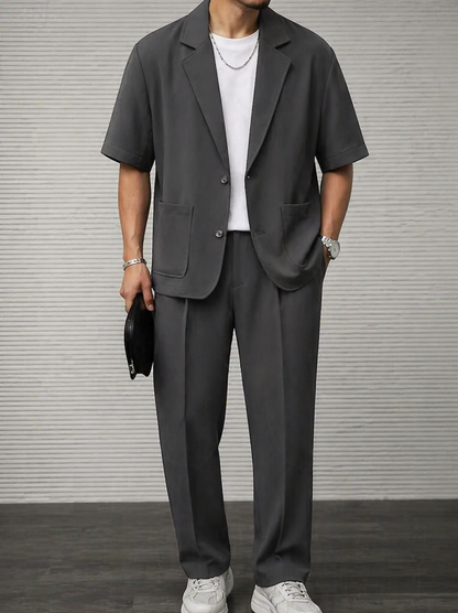 Gray short-sleeve blazer and matching trousers, two-button front and pockets